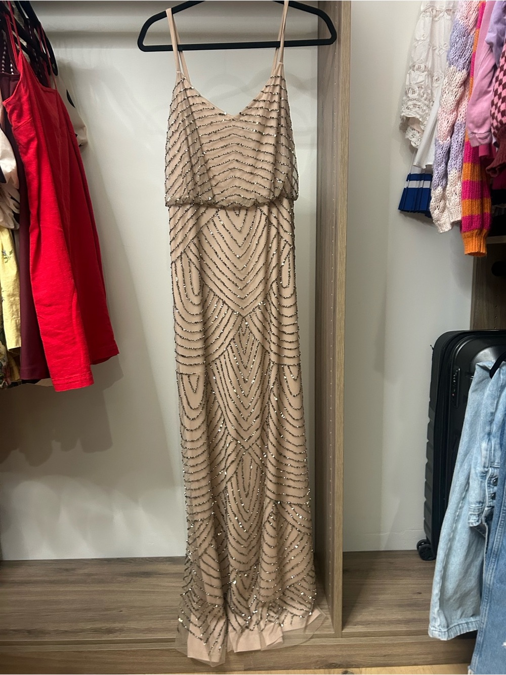 Adrianna Papell Champagne Beaded Spaghetti-Strap Maxi Dress